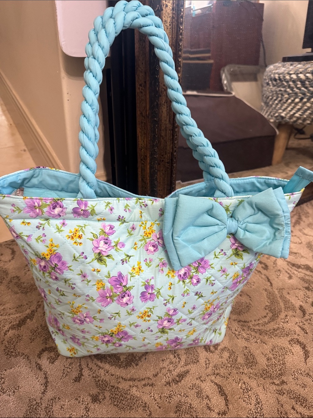Light Blue Floral Quilted Tote Bag with Bow